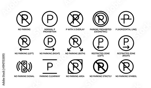 Various no parking symbols and signs in black and white