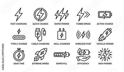 Battery charging icons set depicting various charging modes and symbols