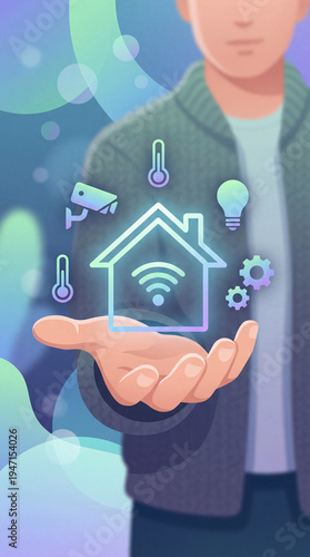 Smart Home Automation Concept with Connected House Icon, Wireless Technology Control System, IoT Home Devices and Digital Living, Technology Flat Illustration, Vertical bg