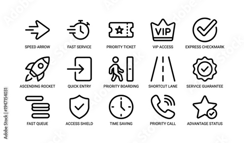 Set of icons representing speed, priority, and service features