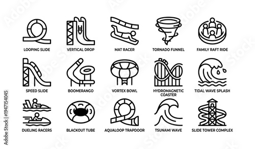 Amusement park water slides and rides icons collection