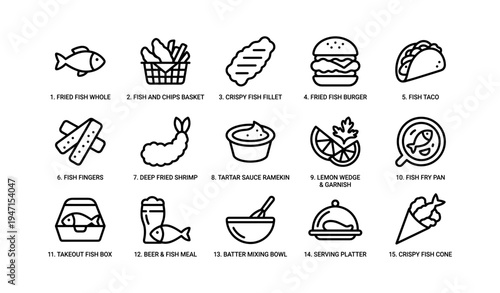 Variety of fish dishes and utensils illustrated icons set