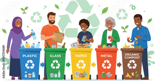 Diverse Community Sorting Recycling Bins for Plastic, Glass, Paper, Metal and Organic Compost Together