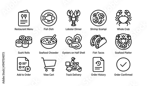 Icons representing seafood dishes and online food ordering features