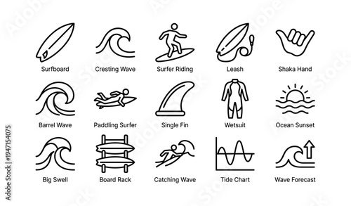 Surfing icons collection: surfboard, wave, ocean, wetsuit, shaka gesture