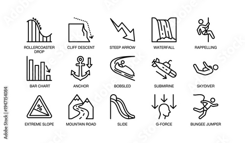 Adventure icons: rollercoaster, cliff, waterfall, rappelling, extreme sports symbols