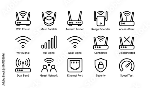 Wifi icons collection featuring router, signal strength, security, and connectivity symbols