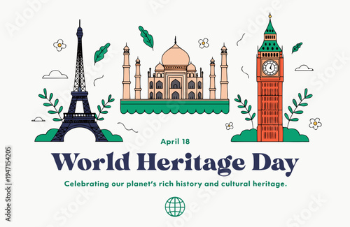 World Heritage Day celebration with iconic landmarks Eiffel Tower Taj Mahal Big Ben  cultural heritage monuments