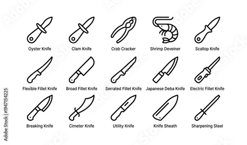 Black outline of various kitchen knives and tools for seafood and meat preparation