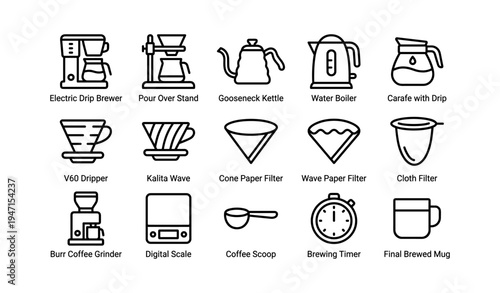 Coffee brewing equipment and accessories line art collection