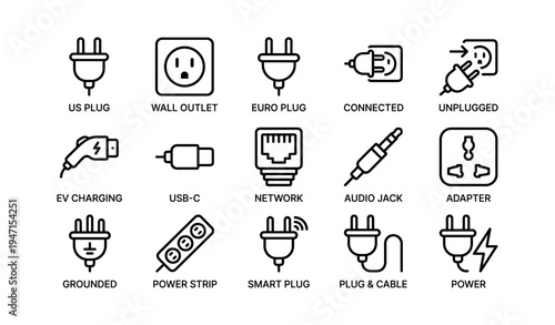 Icon set of electric plugs and power connections including usb-c and network