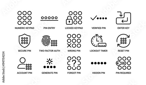Security icons set: numeric keypads, pin verification, lock, and account protection