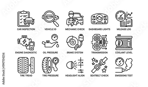 Automotive maintenance icons: inspection, mechanic, dashboard, engine, transmission, emissions