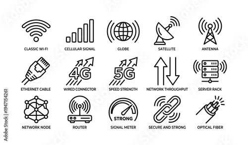 Wireless network symbols: wi-fi, satellite, antenna, ethernet, 5g, router, optical fiber