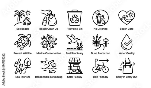 Environmental conservation icons: beach clean up, recycling, wildlife protection