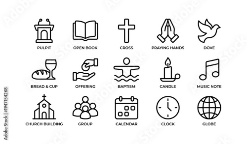 Set of christian symbols: cross, praying hands, dove, church, bible, icons