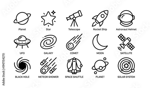 Astronomy icons: planet, star, telescope, rocket ship, astronaut helmet