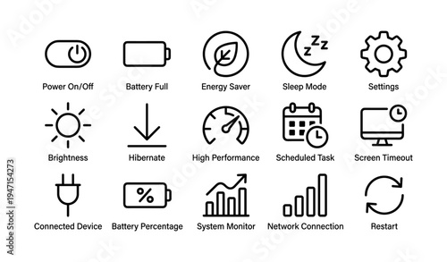 Set of technology icons: power, battery, settings, and performance symbols