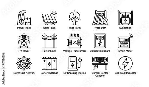 Energy infrastructure icons: power plant, solar, wind, hydro dam, energy storage