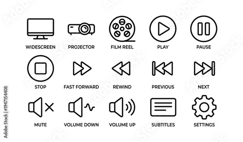 Multimedia icons: widescreen projector film reel play pause stop