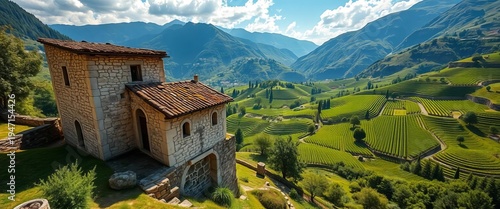 Sun-drenched old stone ruin overlooks terraced Valtellina vineyards,  European landscape,  Italy