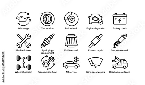 Car maintenance icons set for essential auto services and repairs