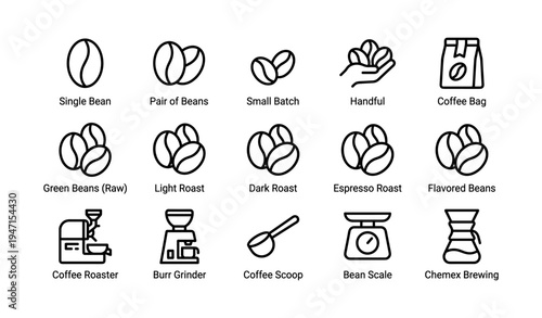 Coffee icons set: beans, brewing, roasting, and equipment for coffee lovers