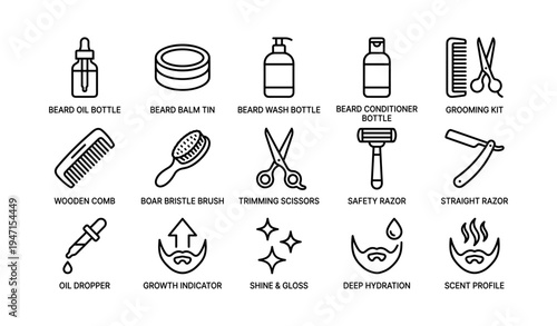 Beard care essentials kit with oils combs brushes and razors icons