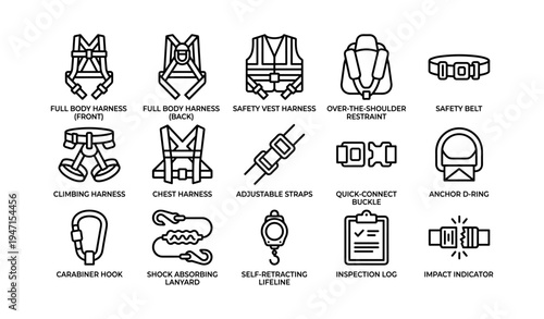 Safety harnesses and equipment icons for climbing and protection