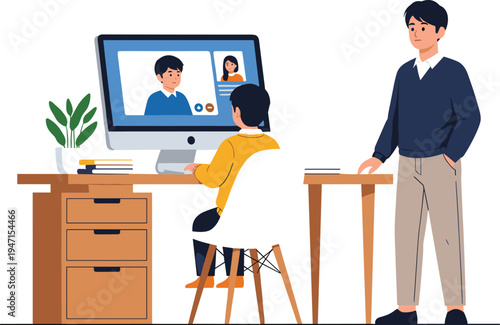 Child Attending Online Class on Desktop Computer with Teacher and Parent at Home Study Desk, Remote Learning Education Concept Vector Illustration