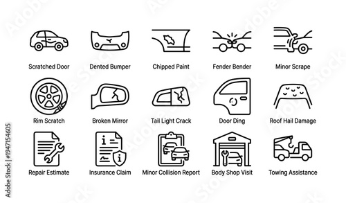 Car damage icons: scratched, dented, chipped, fenders, mirrors, roof, repair, insurance
