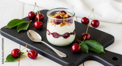 Delicious yogurt parfait with granola and fresh cherries in a glass jar on a black cutting board