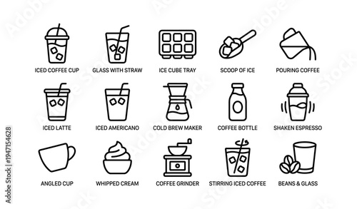 Coffee icon collection featuring cups, ice, beans, and coffee maker outlines
