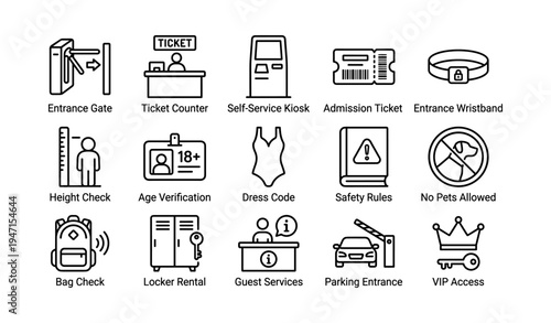 Amusement park icon set featuring entrance, tickets, and safety rules