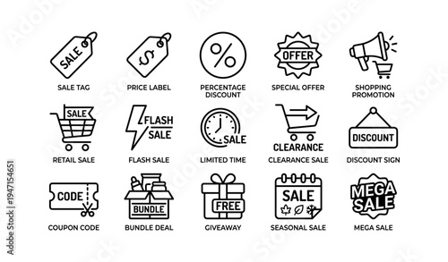 Black and white icons for sale promotions and discounts in retail marketing