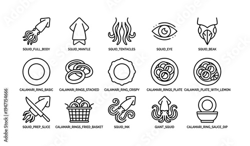 Squid and calamari icons including tentacles, rings, eye, beak, and ink