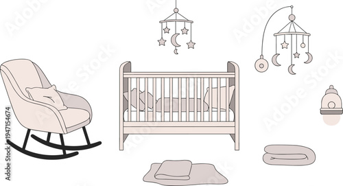 Baby Nursery Furniture Set with Crib Rocking Chair Hanging Mobile Blanket and Pillow, Cute Newborn Room Interior Vector Illustration Collection