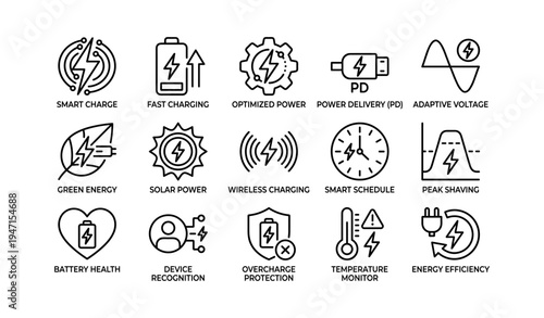 Icons illustrating renewable energy and smart charging technologies
