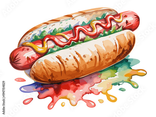 Watercolor illustration of hot dog with sausage, mustard, ketchup and lettuce in soft bun isolated with colorful splash