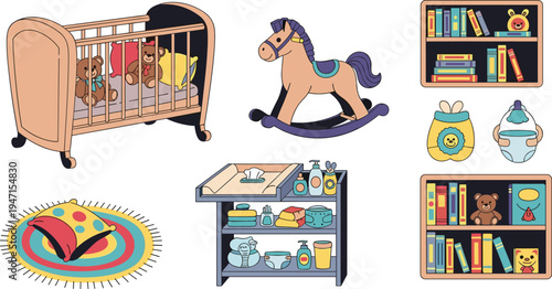 Baby Nursery Room Elements with Crib Rocking Horse Toy Shelf Books and Play Mat, Cute Infant Furniture and Toy Vector Illustration Set
