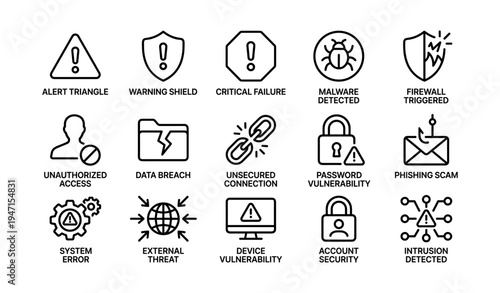 Cybersecurity icons: threats, vulnerabilities, warnings, data breach, malware