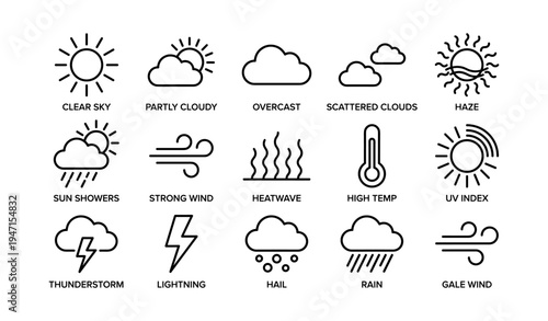 Weather symbols collection: sun, clouds, wind, rain, temperature indicators