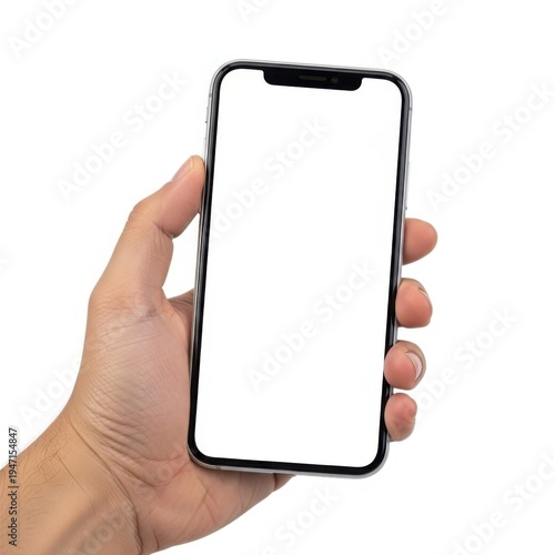 Person holding a smartphone with a blank screen in their right hand