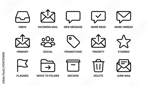 Email icons set illustrating inbox, messages, organization, and actions