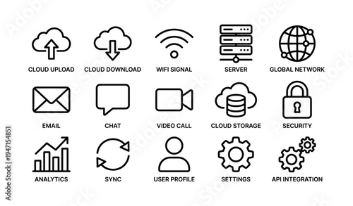 Cloud and data icons: upload, download, wifi, server, global network, security, communication, user
