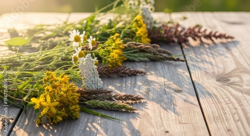Wildfield bouquet of flowers on an old wooden table. Rustic composition of summer herbs and petals in golden sunlight. Natural botanical background element for organic design project.
