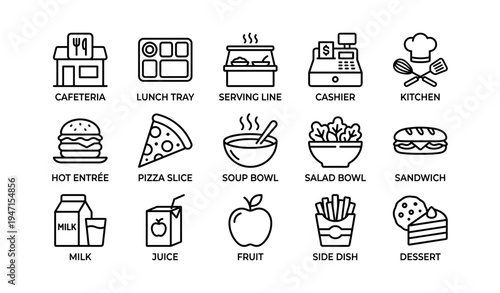 Cafeteria icons: food items, serving line, cashier, kitchen equipment