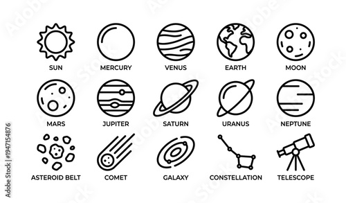 Solar system icons: planets, sun, moon, comet, telescope and more