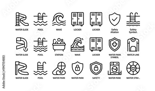 Water park icons collection with slides, pools, and safety symbols