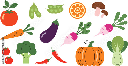 Assorted Vegetables and Fruits Collection Including Tomato, Carrot, Eggplant, Pepper, Pumpkin, and More for Healthy Eating Illustrations
